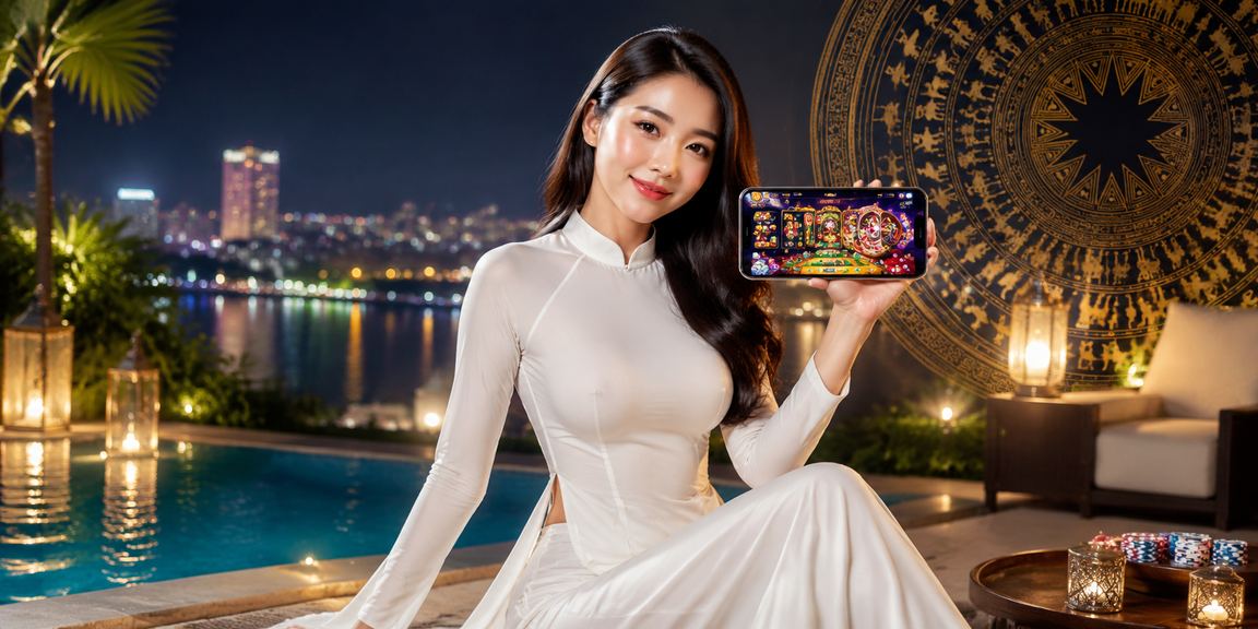 Phụ nữ mặc áo dài Hà Nội sử dụng ứng dụng casino trên điện thoại